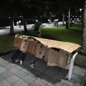 A person sleeps inside a makeshift shelter on a park bench in downtown Miami on Thursday, Jan. 25, 2024. Florida will ban homeless people from setting up camp or sleeping on public property under a bill lawmakers sent to Republican Gov. Ron DeSantis, who supports the idea. (AP Photo/Rebecca Blackwell) **FILE**