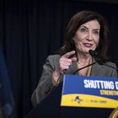 New York Gov. Kathy Hochul speaks at a press conference regarding the proliferation of illegal cannabis stores, Wednesday, Feb. 28, 2024, in New York. Unable to reign in illegal cannabis shops in New York, the state&#x27;s governor is asking digital mapping and search companies to hide or relabel the many illegal shops. (AP Photo/Stefan Jeremiah)