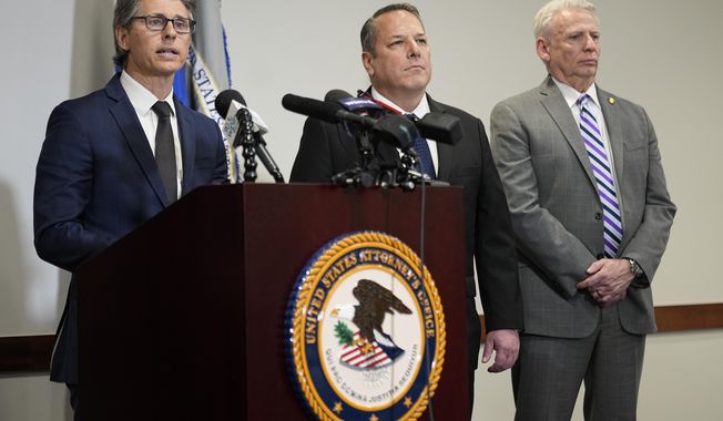 U.S. Attorney for the Middle District of Tennessee Henry C. Leventis, left, speaks during a news conference with investigators FBI Special Agent, Douglas DePodesta center, and Special Agent Roy Cochran senior counterintelligence executive with the U.S. Army, right, Thursday, March 7, 2024, in Nashville, Tenn. Leventis announced the arrest and indictment of U.S. Army Intelligence Analyst Korbein Schultz for conspiracy to obtain and disclose defense information. (AP Photo/George Walker IV)