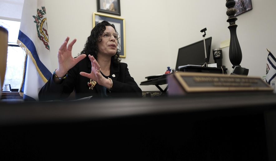 West Virginia state Sen. Patricia Rucker, R-Jefferson, talks in her office at the Capitol in Charleston, W.Va., on Wednesday, Jan. 25, 2024. West Virginia has the least amount of female state legislatures. (AP Photo/Chris Jackson)