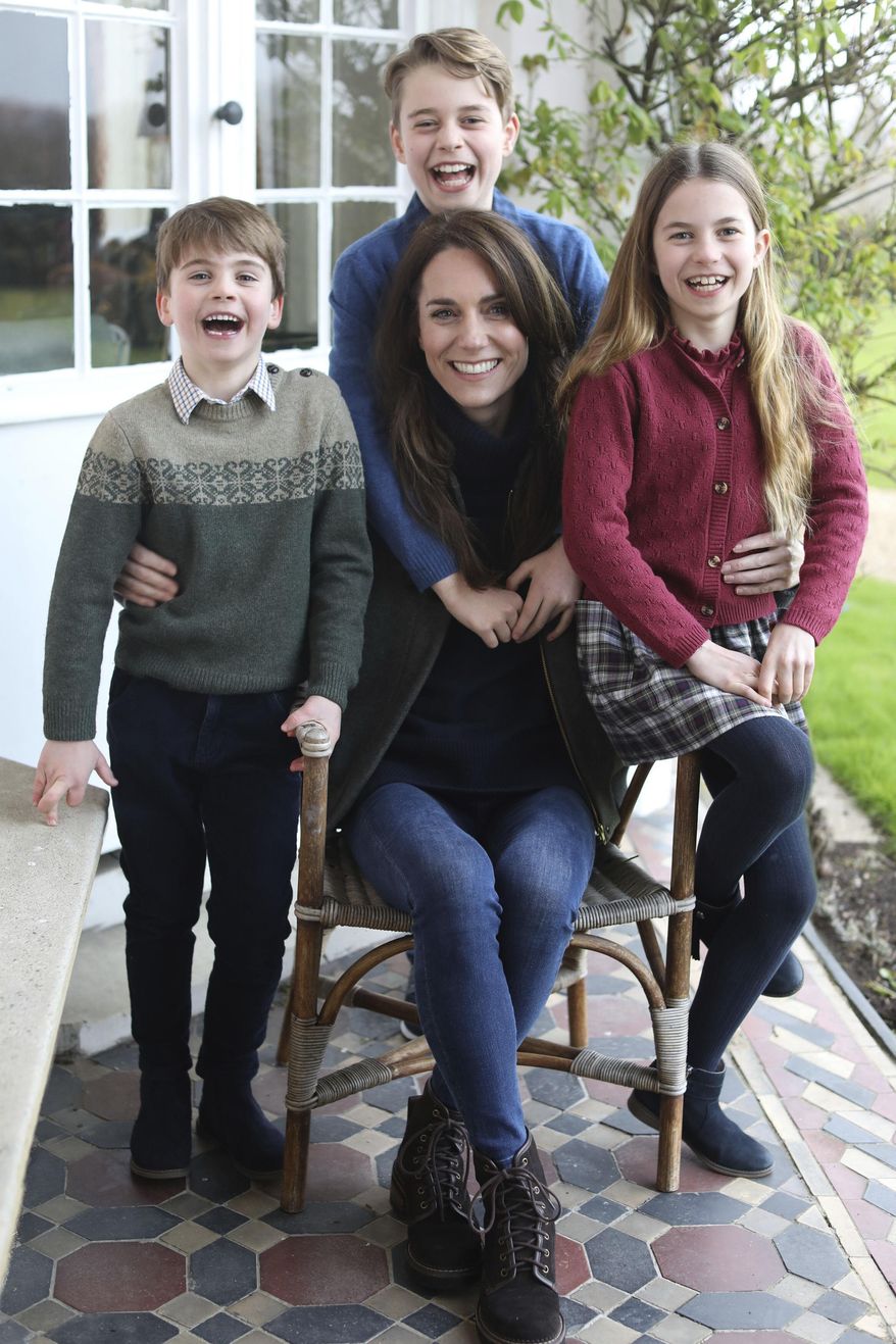 This undated photo issued on Sunday March 10, 2024 by Kensington Palace shows Kate, Princess of Wales with her children, Prince Louis, left, Prince George and Princess Charlotte, taken in Windsor, England, by Prince William earlier this week. The Princess of Wales shared a message on social media thanking the public for their continued support and wishing people a Happy Mother's Day. (Prince of Wales/Kensington Palace via AP)