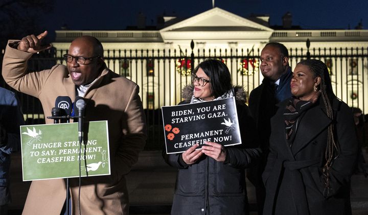 Rep. Jamaal Bowman, D-N.Y., from left, speaks alongside, Rep. Rashida Tlaib, D-Mich., Rep. Jonathan Jackson, D-Ill., and Rep. Cori Bush, D-Mo., during a vigil with state legislators and faith leaders currently on hunger strike outside the White House to demand that President Joe Biden call for a permanent ceasefire in Gaza on Nov. 29, 2023. (AP Photo/Nathan Howard, File)