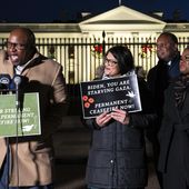 Rep. Jamaal Bowman, D-N.Y., from left, speaks alongside, Rep. Rashida Tlaib, D-Mich., Rep. Jonathan Jackson, D-Ill., and Rep. Cori Bush, D-Mo., during a vigil with state legislators and faith leaders currently on hunger strike outside the White House to demand that President Joe Biden call for a permanent ceasefire in Gaza on Nov. 29, 2023. (AP Photo/Nathan Howard, File)
