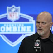 Washington Commanders head coach Dan Quinn speaks during a news conference at the NFL football scouting combine, Tuesday, Feb. 27, 2024, in Indianapolis. (AP Photo/Darron Cummings)