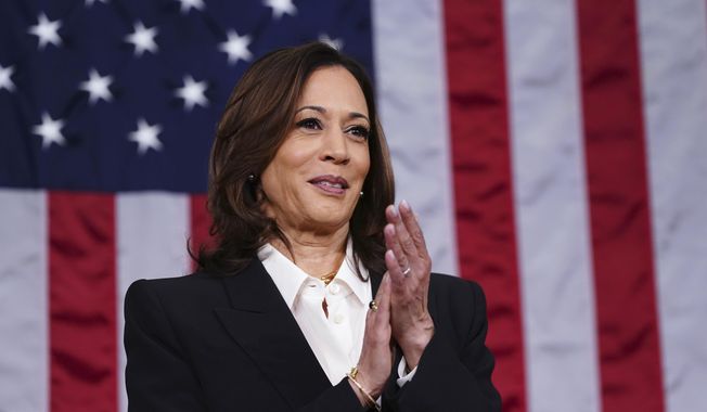 Vice President Kamala Harris claps before President Joe Biden delivers the State of the Union address to a joint session of Congress at the Capitol, Thursday, March 7, 2024, in Washington. (Shawn Thew/Pool via AP) ** FILE **