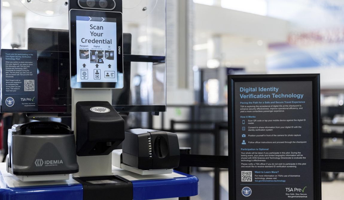 The Transportation Security Administration&#x27;s new facial recognition technology is seen at a Baltimore-Washington International Thurgood Marshall Airport security checkpoint, April 26, 2023, in Glen Burnie, Md. The U.S. government has started requiring migrants without passports to submit to facial recognition technology to take domestic flights under a change that prompted confusion Tuesday, March 12, 2024, among immigrants and advocacy groups in Texas. Border security experts are demanding that Congress use an upcoming debate over the Federal Aviation Administration to pass legislation that would make it tougher for illegal immigrants to get on airplanes without using identity documents from their native countries. (AP Photo/Julia Nikhinson, File)