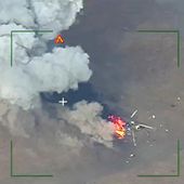 This photo taken from video released by Russian Defense Ministry Press Service on Wednesday, March 13, 2024, shows the destruction of a Ukrainian Armed Forces helicopter at the jump site at an undisclosed location in the Donetsk region, eastern Ukraine. (Russian Defense Ministry Press Service via AP) ** FILE **
