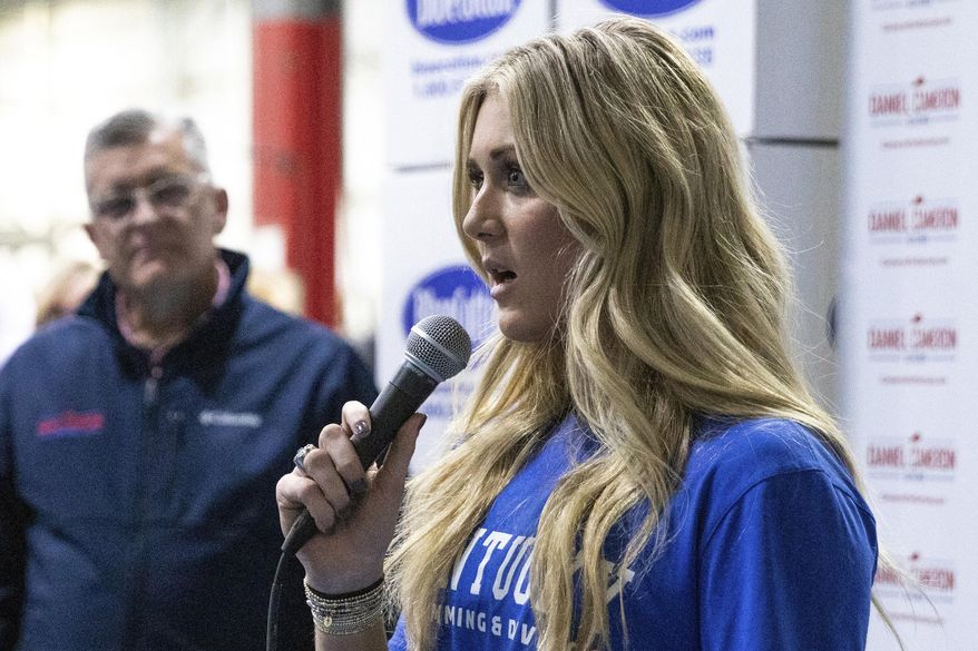 Riley Gaines, a former Kentucky swimmer and an advocate for biological women in sports, speaks during a campaign stop on gubernatorial candidate Daniel Cameron's Fight for Kentucky Bus Tour in Bowling Green, Ky., on Wednesday, Nov. 1, 2023. Gaines was among more than a dozen college athletes who filed a lawsuit against the NCAA on Thursday, March 14, 2024, accusing it of violating their Title IX rights by allowing Lia Thomas to compete at national championships in 2022. (Grace Ramey/Daily News via AP, File)