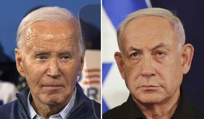 This combination photo shows President Joe Biden, left, on March 8, 2024, in Wallingford, Pa., and Israeli Prime Minister Benjamin Netanyahu in Tel Aviv, Israel, Oct. 28, 2023. Biden and Netanyahu spoke Monday, March 18, in their first interaction in more than a month as the divide has grown between allies over the food crisis in Gaza and the conduct of war. (AP Photo) ** FILE **
