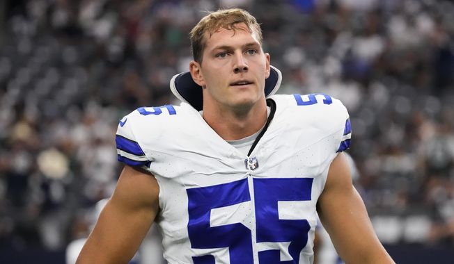 Dallas Cowboys linebacker Leighton Vander Esch walks on the field before an NFL football game against the New York Jets, Sunday, Sept. 17, 2023 in Arlington, Texas. Leighton Vander Esch retired Monday, March 18, 2024, after six NFL seasons, with the linebacker stepping away after missing 12 games for the Dallas Cowboys last year because of the latest in a series of neck injuries.(AP Photo/Sam Hodde, File) **FILE**