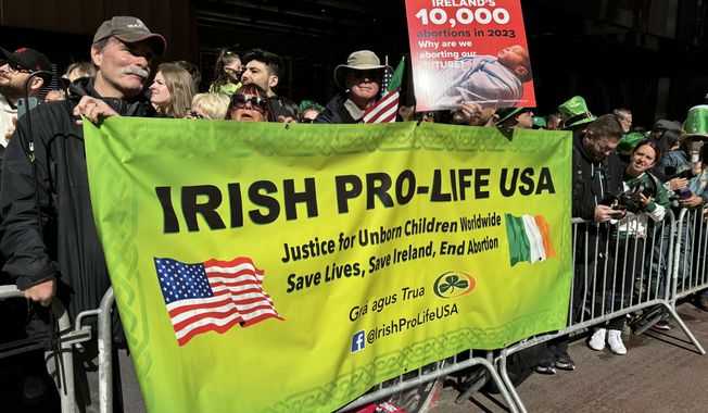 Irish Pro-Life USA activists held a sidewalk protest during the New York City St. Patrick&#x27;s Day Parade in Manhattan on Saturday, March 16, 2024, after their requests to participate in the 263rd annual celebration were rebuffed. (Photo courtesy Irish Pro-life USA)