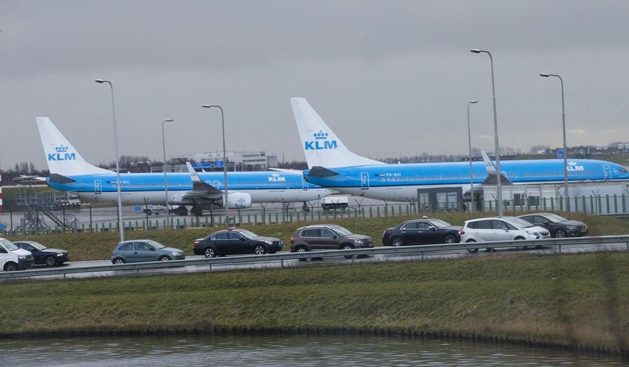 KLM airplanes sit in Schiphol Airport near Amsterdam, Netherlands, on Jan. 18, 2018. The Dutch government has systematically put the interests of the aviation sector above those of people who live near Schiphol Airport, one of Europe's busiest aviation hubs, a Dutch court ruled Wednesday, saying that the treatment of local residents amounts to a breach of Europe's human rights convention. (AP Photo/Peter Dejong, File)