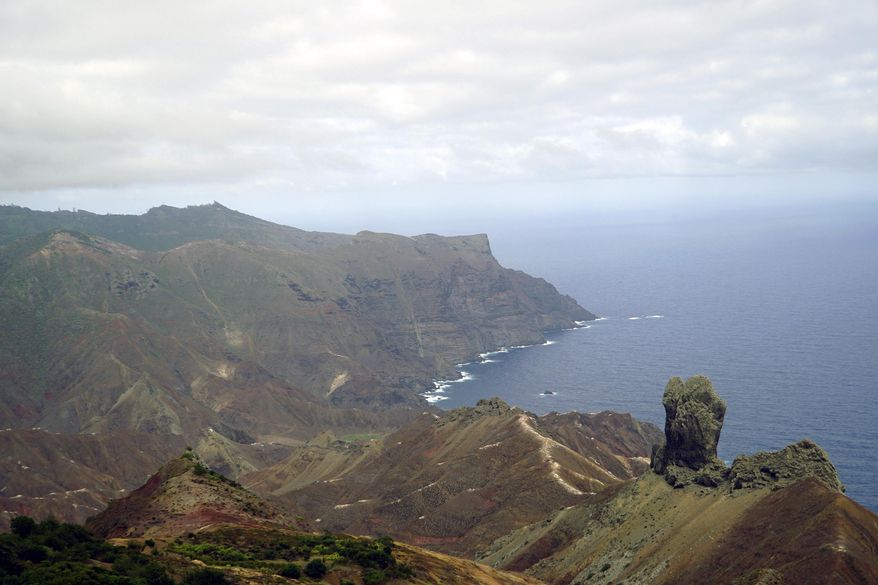 Sweeping views of Sandy Bay can be seen from Blue Point Trail on the island of St. Helena, on Saturday, Feb. 24, 2024. The 40-minute trek is one of the remote territory’s 21 scenic hiking trails of varying difficulty. (AP Photo/Nicole Evatt) ** FILE **