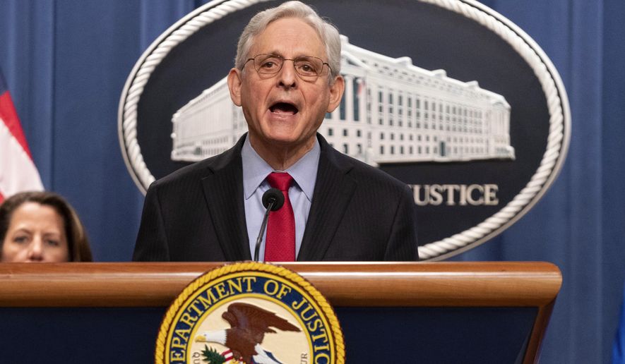 Attorney General Merrick Garland speaks during a news conference at Department of Justice headquarters in Washington, Thursday, March 21, 2024. The Justice Department on Thursday announced a sweeping antitrust lawsuit against Apple, accusing the tech giant of engineering an illegal monopoly in smartphones that boxes out competitors and stifles innovation. (AP Photo/Jose Luis Magana)