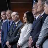 Members of the conservative House Freedom Caucus gather at a news conference to denounce the spending package being voted on for the current budget year, at the Capitol in Washington, Friday, March 22, 2024. (AP Photo/J. Scott Applewhite)