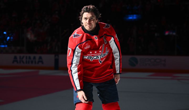 Washington Capitals right wing T.J. Oshie (77) skating on the ice after being named number one star of the game following the Caps 3-0 win over thennipeg Jets at Capital One Arena in Washington D.C., March 24, 2024. (Photo by Billy Sabatini)