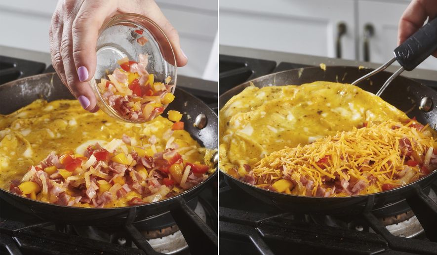This combination of photos taken in 2021 shows Denver omelet being made in a skillet. Leftover Easter ham can be a springboard for other meals during the week. Of course you’ll want a sandwich or two, but there are many other ways to put that porky, smoky flavor to good use, including omelettes. (Cheyenne Cohen via AP)