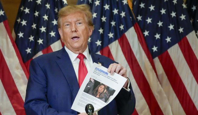 Former President Donald Trump holds up a copy of a story featuring New York Attorney General Letitia James while speaking during a news conference, Jan. 11, 2024, in New York. Trump could find out Monday, March 25, how New York state aims to collect over $457 million he owes in his civil business fraud case, even as he appeals the verdict that led to the gargantuan debt. (AP Photo/Mary Altaffer, File)