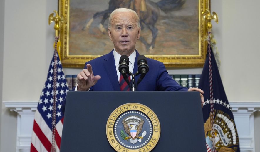 President Joe Biden delivers remarks on the Francis Scott Key bridge collapse in the Roosevelt Room of the White House, Tuesday, March 26, 2024, in Washington. (AP Photo/Evan Vucci)