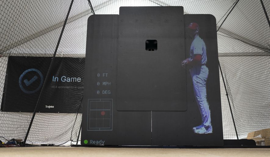 The Trajekt Arc pitching machine is demonstrated during the Major League Baseball winter meetings Wednesday, Dec. 6, 2023, in Nashville, Tenn. (AP Photo/George Walker IV)