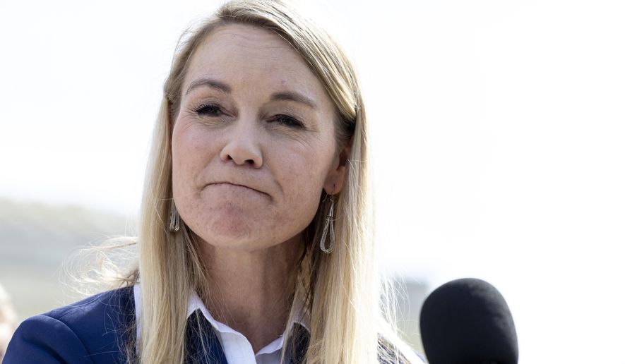 Alliance Defending Freedom Senior Counsel Erin Hawley, speaks during a press conference outside the Supreme Court after the Court heard oral arguments, Tuesday, March 26, 2024, in Washington. The Supreme Court heard arguments in its first abortion case since conservative justices overturned the constitutional right to an abortion two years ago. At stake in Tuesday's arguments is the ease of access to a medication used last year in nearly two-thirds of U.S. abortions. (AP Photo/Amanda Andrade-Rhoades)