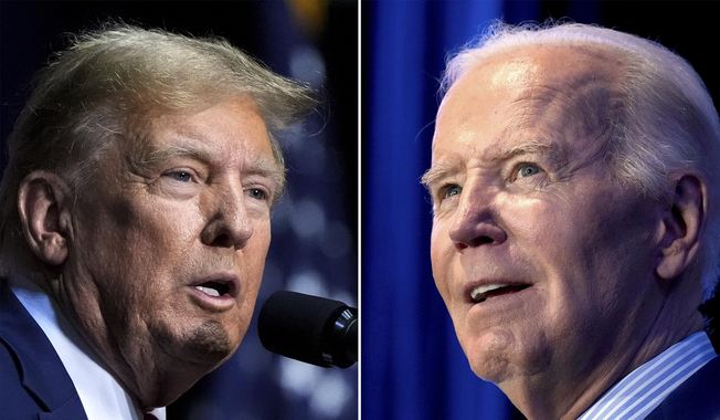 This combo image shows Republican presidential candidate former President Donald Trump, left, March 9, 2024, and President Joe Biden, right, Jan. 27, 2024. (AP Photo, File)