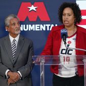 Washington DC Mayor Muriel Bowser, right, speaks during a news conference with Ted Leonsis, owner of the Washington Wizards NBA basketball team and Washington Capitals NHL hockey team at Capitol One Arena in Washington, Wednesday, March 27, 2024. (AP Photo/Stephanie Scarbrough)