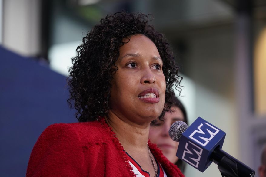 Washington DC Mayor Muriel Bowser speaks during a news conference at Capitol One Arena in Washington, Wednesday, March 27, 2024.(AP Photo/Stephanie Scarbrough)