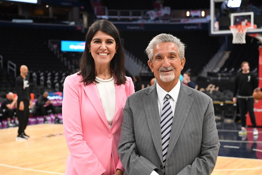 Monumental Sports & Entertainment chief executive Ted Leonsis and D.C. City Council member Brooke Pinto before signing an agreement that would keep the Wizards and Capitals at Capital One Arena in Washington D.C. until 2050, March 27, 2024. (Photo by Jack Sabatini)