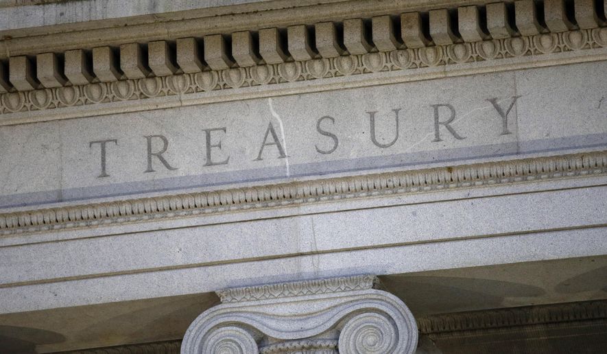 This June 6, 2019, file photo shows the U.S. Treasury Department building at dusk in Washington. (AP Photo/Patrick Semansky, File)