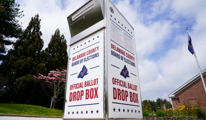 A Delaware County secured drop box for the return of vote-by-mail ballots is pictured, May 2, 2022, in Newtown Square, Pa. An exterior envelope date requirement in Pennsylvania&#x27;s mail-in voting system does not run afoul of a civil rights law, a federal appeals court panel said Wednesday, March 27, 2024, in overturning a lower-court ruling. (AP Photo/Matt Rourke, File)