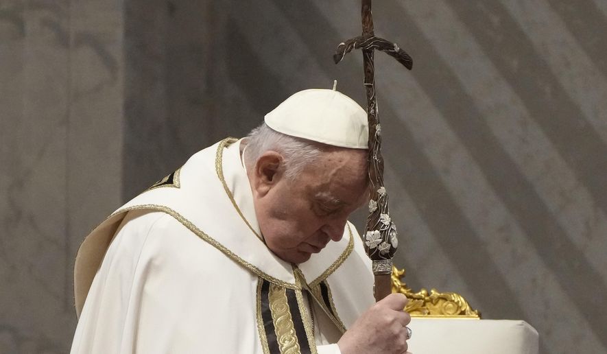 Pope Francis celebrates the Holy Chrism Mass in St. Peter&#x27;s Basilica at The Vatican, Thursday, March 28, 2024. (AP Photo/Gregorio Borgia)