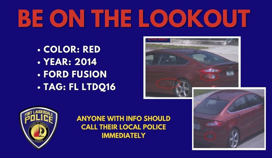 In this bulletin issued by the Fort Lauderdale Police Department on Thursday, March 28, 2024, as they search for the shooter who killed Major Melvin, 89, and his wife Claudette Major, 87, inside their home on March 22. Florida police are seeking the public&#x27;s help in finding a red 2014 Ford Fusion stolen from them. The car&#x27;s Florida license plate is LTDQ16. (Fort Lauderdale Police Department via AP)