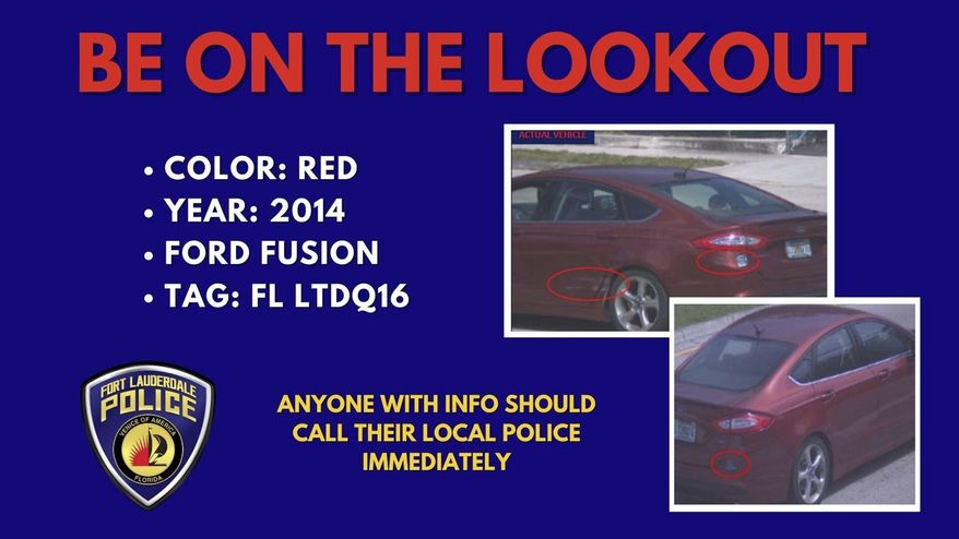 In this bulletin issued by the Fort Lauderdale Police Department on Thursday, March 28, 2024, as they search for the shooter who killed Major Melvin, 89, and his wife Claudette Major, 87, inside their home on March 22. Florida police are seeking the public's help in finding a red 2014 Ford Fusion stolen from them. The car's Florida license plate is LTDQ16. (Fort Lauderdale Police Department via AP)