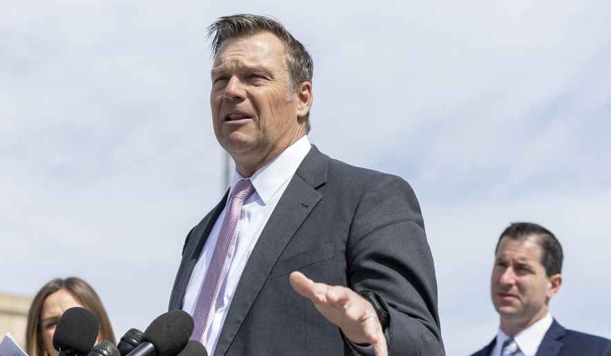 FILE - Kansas Attorney General Kris Kobach speaks to the media, March 26, 2024, in Washington. A group of Republican-led states filed a federal lawsuit Thursday, March 28, suing the Biden administration to block a new student loan repayment plan that provides a faster path to cancellation and lower monthly payments for millions of borrowers. Kobach argues that Biden overstepped his authority in creating the SAVE Plan, which was made available to borrowers last year and has already canceled loans for 150,000. (AP Photo/Amanda Andrade-Rhoades, File)