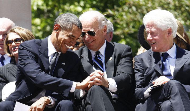 President Barack Obama, Vice President Joe Biden, and former President Bill Clinton attend at a memorial service for Sen. Robert Byrd, July 2, 2010, at the Capitol in Charleston, W.Va. Former Presidents Barack Obama and Bill Clinton are teaming up with President Joe Biden for a glitzy reelection fundraiser Thursday night at Radio City Music Hall in New York City. The event brings together more than three decades of Democratic leadership. (AP Photo/Charles Dharapak, File)
