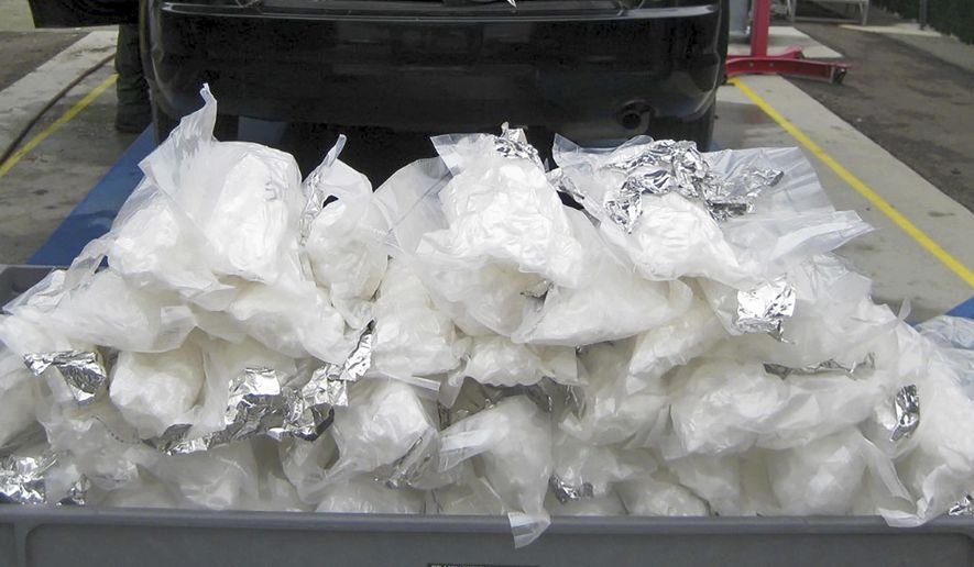 FILE - This Monday, April 13, 2020 photo provided by the U.S. Border Patrol shows some of the nearly nearly 44 pounds (20 kilograms) of methamphetamines seized from an SUV at a highway checkpoint in southeastern San Diego County. Richard Rawson, previously the co-director of the University of California, Los Angeles, Integrated Substance Abuse Program and an expert in treating people with stimulant use disorder, says that in the 2000s, meth was at most 50% pure and less potent. But that has since changed. “The current methamphetamine that’s on the street is particularly damaging,” Rawson explained, because it nears levels of 100% purity and potency. (U.S. Border Patrol via AP, File)