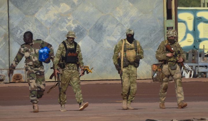 This undated photograph provided by the French military shows three Russian mercenaries, in northern Mali. Wagner is helping government forces in central and northern Mali carry out raids and drone strikes that have killed scores of civilians, including many children, rights groups said in reports published this week that span a period from December to March. (French Army via AP, File)