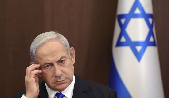 Israeli Prime Minister Benjamin Netanyahu attends the weekly Cabinet meeting in the prime minister&#x27;s office in Jerusalem, on June 25, 2023. (Abir Sultan/Pool Photo via AP, File)