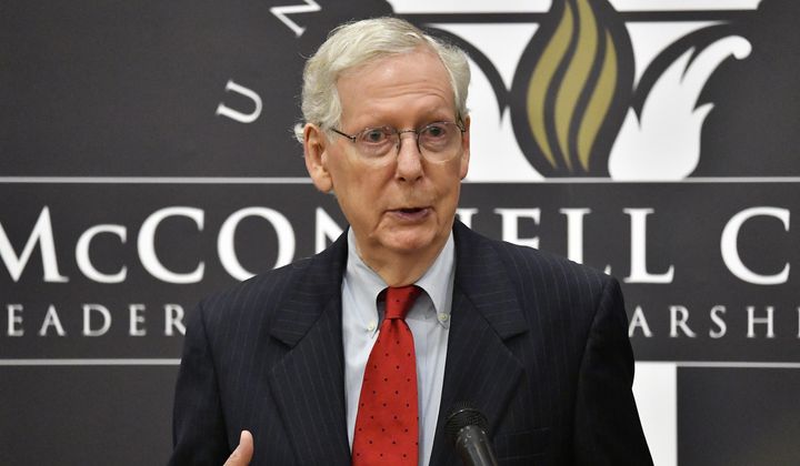 Senate Minority Leader Mitch McConnell, R-Ky., gives remarks during a presentation at the University of Louisville in Louisville, Ky., Tuesday, April 2, 2024. (AP Photo/Timothy D. Easley) ** FILE **