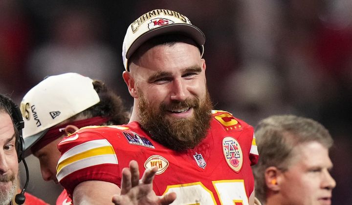 Kansas City Chiefs tight end Travis Kelce (87) waves after the NFL Super Bowl 58 football game against the San Francisco 49ers Sunday, Feb. 11, 2024, in Las Vegas. Kelce will bring his highly successful music festival called Kelce Jam back to Kansas City. The second annual one-day event held on May 18 will be hosted by the superstar tight end of the Chiefs and headlined by Lil Wayne, 2 Chainz, Diplo and local legend Tech N9ne. (AP Photo/Frank Franklin II, File) **FILE**