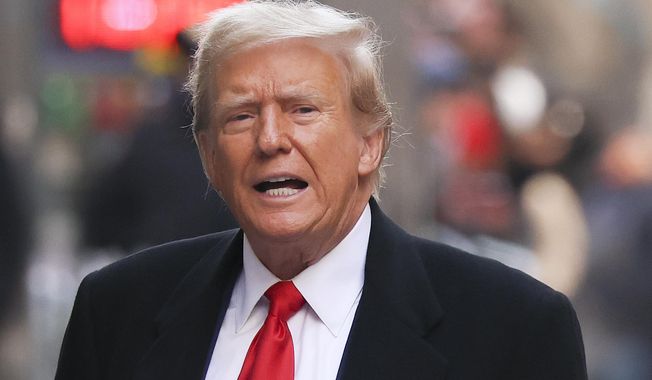 Former President Donald Trump comments as he arrives for a press conference at 40 Wall Street after a pre-trial hearing at Manhattan criminal court, Monday, March 25, 2024, in New York. A New York judge has scheduled an April 15 trial date in former President Donald Trump&#x27;s hush money case. Judge Juan M. Merchan made the ruling Monday. (AP Photo/Yuki Iwamura) **FILE**