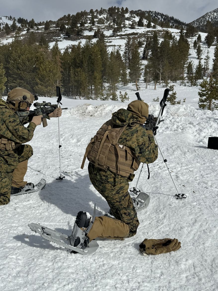 High in the Sierra Nevada Mountains located halfway between Reno and Yosemite National Park is the Marine Corps Mountain Warfare Training Center in Bridgeport, California. Several hundred Marines from Camp Lejeune, 2,800 miles away on the other side of the country, traded the swamps of their North Carolina training base for a month of cold weather mountain training here. Commanders say the Marines are training for new missions, countering threats posed by China, Russia, and North Korea. (Bill Gertz/The Washington Times)