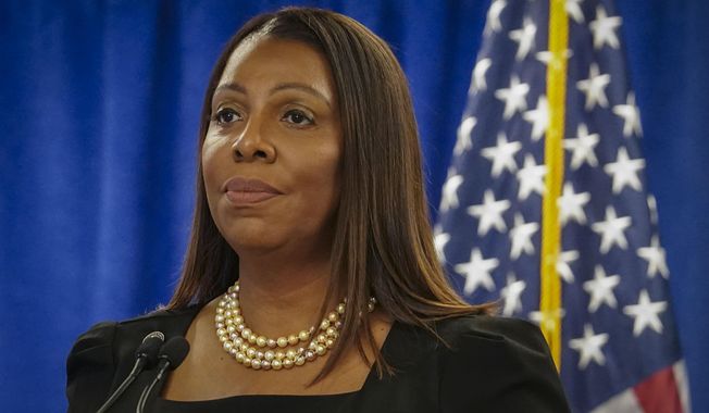 New York Attorney General Letitia James speaks during a press briefing, Feb. 16, 2024, in New York. A New York man has been charged with sending death threats to James and the Manhattan judge who presided over former President Donald Trump’s civil suit. (AP Photo/Bebeto Matthews, File)