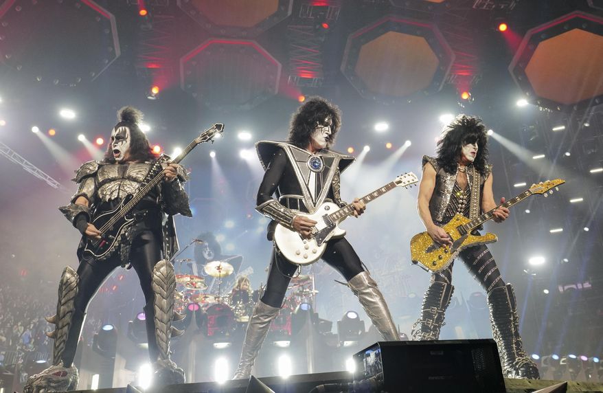 Gene Simmons, from left, Tommy Thayer, and Paul Stanley of Kiss perform during the final night of the "Kiss Farewell Tour" at Madison Square Garden in New York on Dec. 2, 2023. (Photo by Evan Agostini/Invision/AP, File)