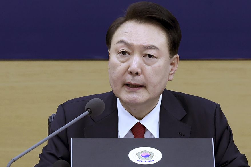 South Korean President Yoon Suk Yeol speaks during a cabinet meeting at the government complex in Sejong, South Korea, Wednesday, March 6, 2024. South Korea’s president met the leader of thousands of striking junior doctors on Thursday, April 4, 2024, and promised to respect their position during future talks over his contentious push to sharply increase medical school admissions. The meeting between President Yeol and Park Dan, head of an emergency committee for the Korea Intern Resident Association, was the first of its kind since more than 90% of the country’s 13,000 trainee doctors walked off the job in February, disrupting hospital operations. (Jin Sung-chul/Yonhap via AP, File)