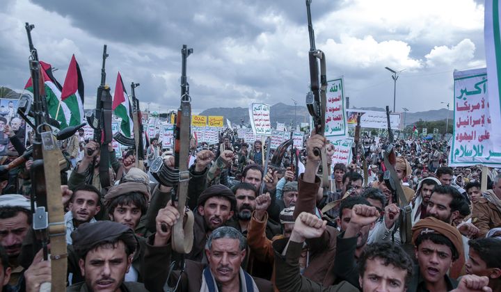 Houthi supporters protest marking Jerusalem Day in support of Palestinians in the Gaza Strip, in Sanaa, Yemen, Friday, April 5, 2024. (AP Photo/Osamah Abdulrahman) ** FILE **