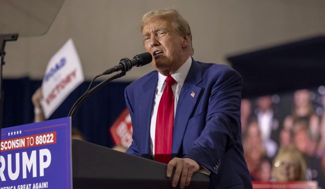 Republican presidential candidate and former President Donald Trump speaks April 2, 2024, at a rally in Green Bay, Wis. (AP Photo/Mike Roemer) **FILE**