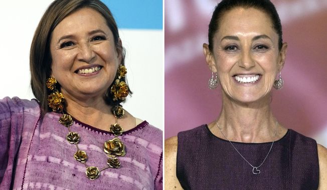 This combination of two file photos shows Xochitl Galvez, at left, arriving to register her name as a presidential candidate on July 4, 2023 in Mexico City, and at right, Claudia Sheinbaum at an event that presented her as her party&#x27;s presidential nominee on Sept. 6, 2023 in Mexico City. (AP Photo/Fernando Llano, Files)