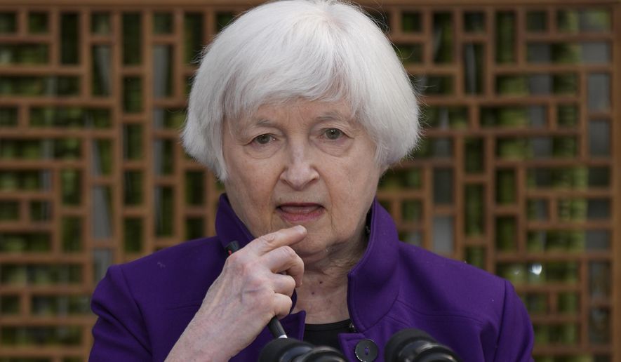 U.S. Treasury Secretary Janet Yellen attends a press conference in Beijing, China, Monday, April 8, 2024. Ever since she ate mushrooms that can have psychedelic effects in Beijing last July, Americans and Chinese have been united in their interest in what Janet Yellen will eat next. (AP Photo/Tatan Syuflana)
